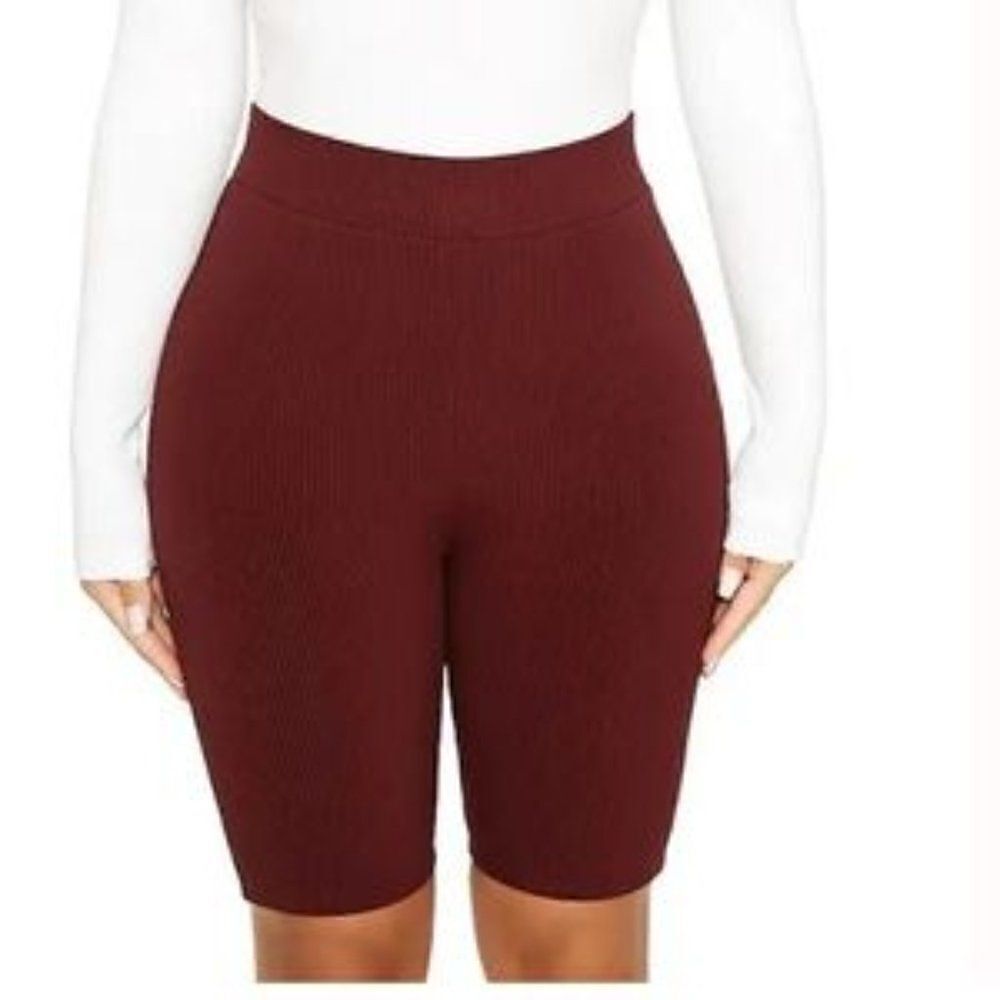 NWT Naked Wardrobe Snatched Dark Red Ribbed Stretchy Shorts Women's Small